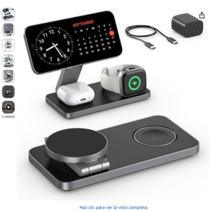 Cargador inalámbrico magnético 3 en 1 EXW plegable con teléfono en modo standby, smartwatch y auriculares