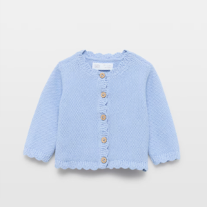 Vista frontal y trasera de la chaqueta corta en tricot liso de bebé azul de Baby El Corte Inglés
