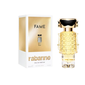Frasco escultórico con forma de robot y caja del eau de parfum fame rabanne de 30 ml