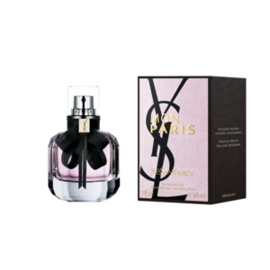 Frasco de eau de parfum mon paris yves saint laurent de 30 ml con lazo negro y caja rosa