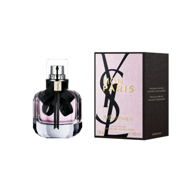 Frasco de eau de parfum mon paris yves saint laurent de 30 ml con lazo negro y caja rosa