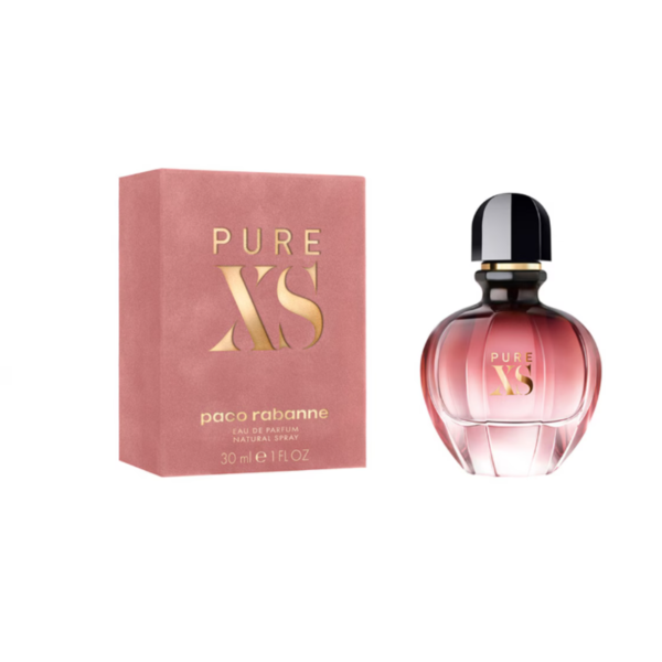 Frasco y caja de eau de parfum pure xs for her rabanne de 30 ml