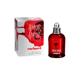 Frasco en vidrio rojo carmesí con rosa y caja del eau de toilette amor amor cacharel de 30 ml