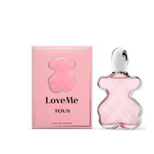 Frasco y caja de eau de parfum loveme tous de 30 ml con forma de oso rosa