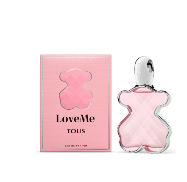 Frasco y caja de eau de parfum loveme tous de 30 ml con forma de oso rosa
