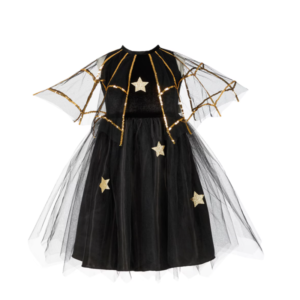 Disfraz Evilian Souza negro con estrellas doradas y capas de tul transparente